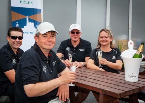 Swan 60, Petite Flamme crew enjoying a glass of Lanson Champagne after finishing the 45th Rolex Fastnet Race ©  RORC / Tom Gruitt